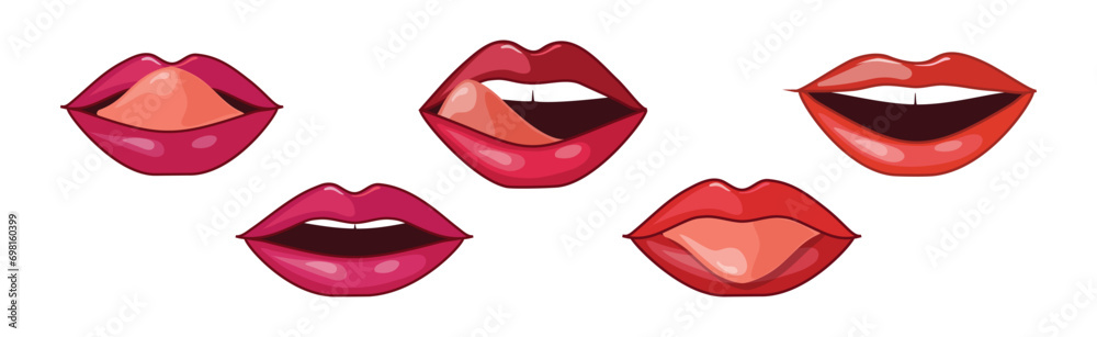 Female Lips Red and Pink Half Open Icon Vector Set