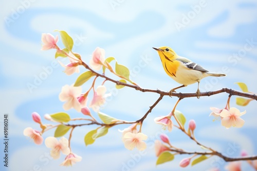 warbler singing atop a flowering dogwood