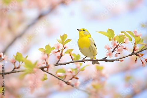 warbler singing atop a flowering dogwood