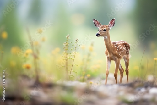 fawn standing in a wildflower patch
