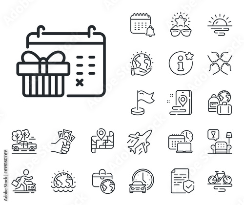 New year presents day sign. Plane jet, travel map and baggage claim outline icons. Christmas calendar line icon. Surprise symbol. Christmas calendar line sign. Car rental, taxi transport icon. Vector
