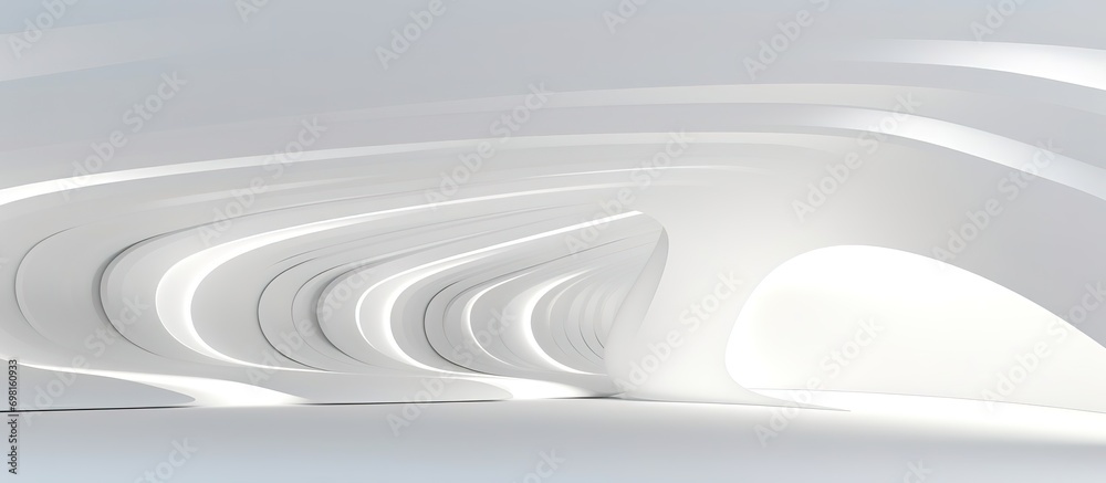 Obraz premium 3D geometric abstract wave futuristic light white background. 3d tunnel background. Halway background. alleyway background.