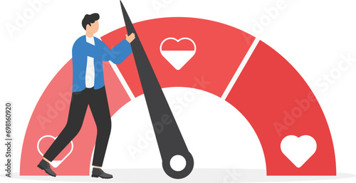 Strong male pull the arrow. Love meter heart indicator. Love day full test valentine card progress. Flat vector illustration.

