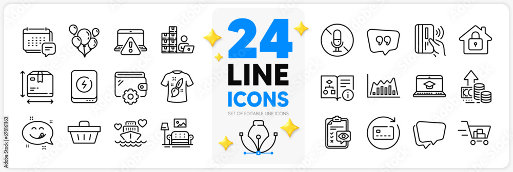 Icons set of Wallet, Renew card and Shopping basket line icons pack for app with Technical algorithm, Inventory, Lock thin outline icon. Power bank, Shopping cart, Box size pictogram. Vector
