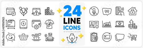 Icons set of Wallet, Renew card and Shopping basket line icons pack for app with Technical algorithm, Inventory, Lock thin outline icon. Power bank, Shopping cart, Box size pictogram. Vector