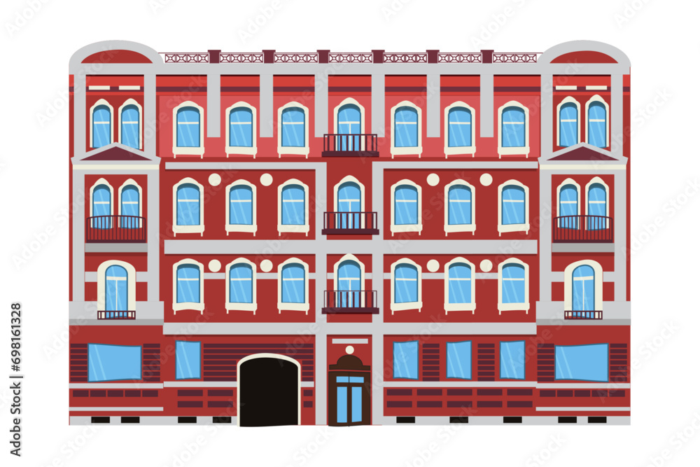 Fototapeta premium A colorful multi-storey house with windows, balconies and doors in a flat style, isolated on a white background. Modern or old houses. Vector illustration