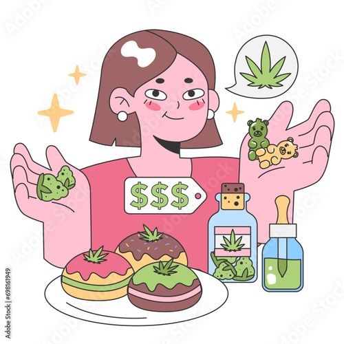 Young woman exploring cannabis delights. Holds gummy bears, showcases THC-infused pastries, CBD oils, and visualizing leaf. Cannabis consumerism. Flat vector illustration.