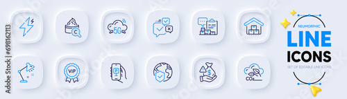 Co2 gas, Inventory report and Parking app line icons for web app. Pack of Power, 5g cloud, Table lamp pictogram icons. Vip award, World insurance, Bribe signs. Online voting, Storage. Vector