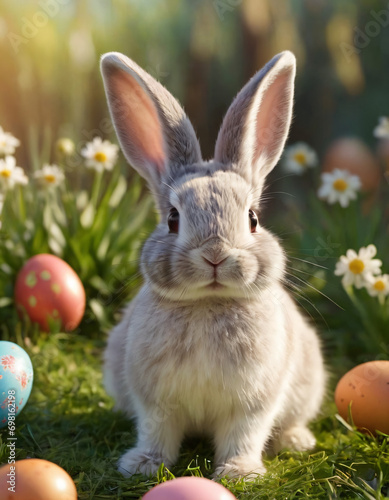 easter fluffy bunnies  in midst colourful eggs and spring field. 