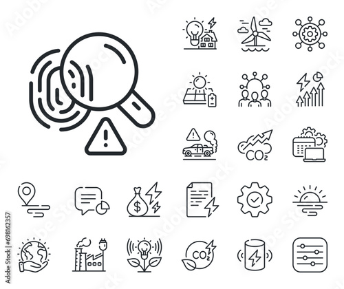 Finger print scan sign. Energy, Co2 exhaust and solar panel outline icons. Fingerprint line icon. Biometric identity symbol. Fingerprint line sign. Eco electric or wind power icon. Vector