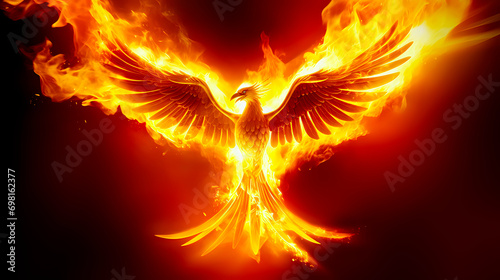 mythical phoenix with fiery wings spread wide, engulfed in flames against a dark background, symbolizing rebirth and power photo