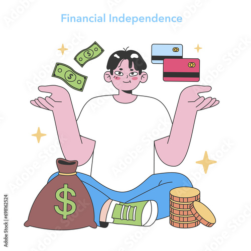 Financial freedom. Content individual balances cash and cards, embodying economic self-sufficiency. Wealth and budget control. Flat vector illustration