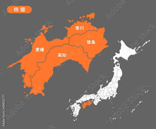 日本地図と四国の詳細マップ