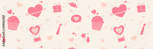 Patterns. Set of decorative elements for Valentine's Day. Envelopes, cakes, gift boxes, candy, clouds, balloons, candles, hearts.