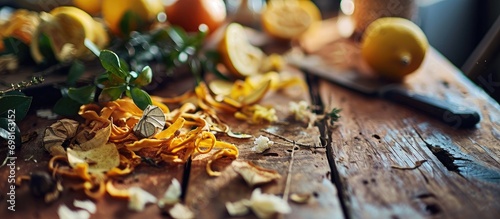 Innovative cooking with discarded peels on a wooden table.