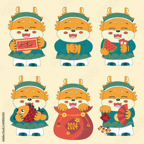 Template layout 2024 Lunar New Year, year of the Dragon banner design with cute little dragon holding iconic objects of Asia culture