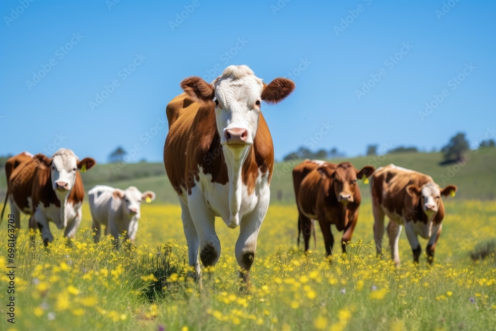 Herd of cows grazing in a meadow on a sunny day, Herd of cow and calf pairs on pasture on the beef cattle ranch, AI Generated - obrazy, fototapety, plakaty 