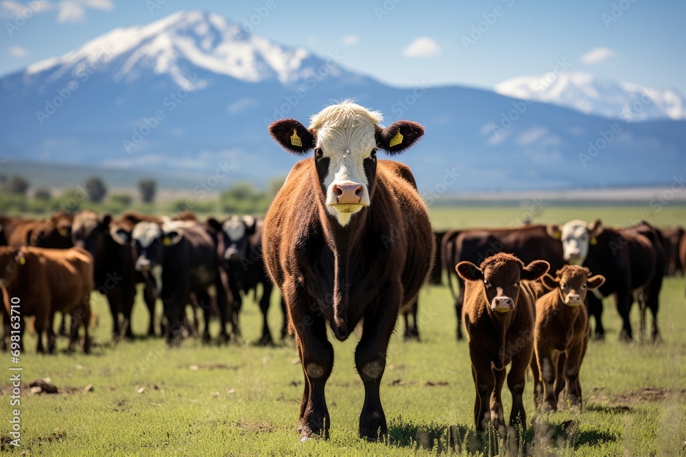 Herd of cows on a meadow in the mountains under blue sky, Herd of cow and calf pairs on pasture on the beef cattle ranch, AI Generated Herd of cows on a meadow in the mountains under blue sky, Herd of cow and calf pairs on pasture on the beef cattle ranch, AI Generated
