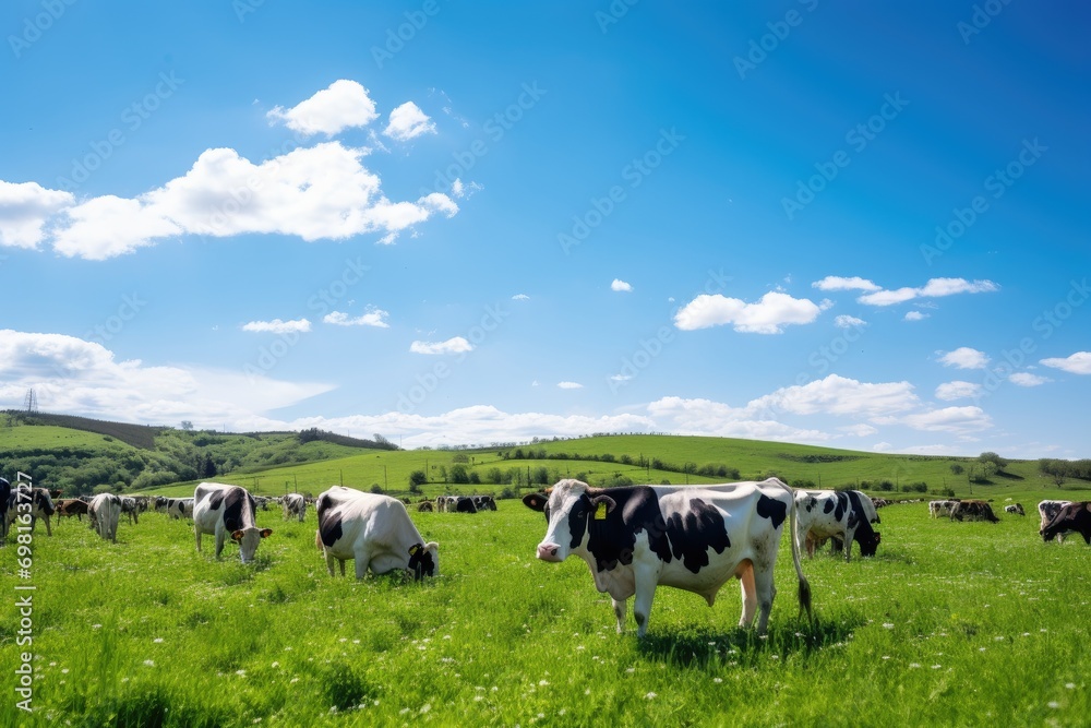 Cows grazing on a green meadow in the mountains under blue sky, Herd of cows in a green meadow below a blue sky in sunlight in spring, AI Generated Cows grazing on a green meadow in the mountains under blue sky, Herd of cows in a green meadow below a blue sky in sunlight in spring, AI Generated