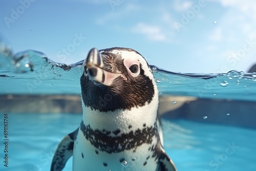 African penguin swims in the water and looks at the camera, Humboldt penguin is swimming in the pool, AI Generated photo