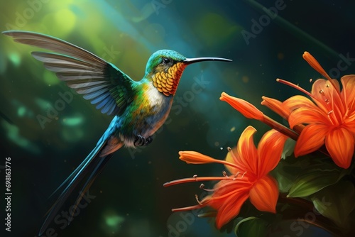 Hummingbird and orange lily flower. Wildlife scene from tropic nature. Hummingbird with tropical flower, Hummingbird Long-tailed Sylph, Aglaiocercus kingi with orange flower, AI Generated