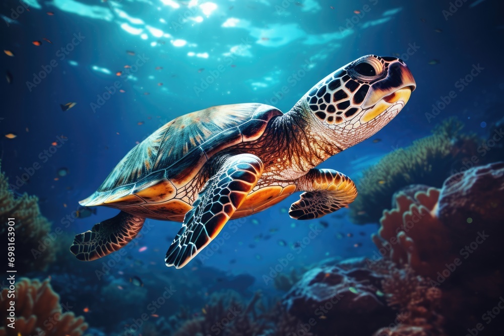 Green sea turtle swimming in the deep blue ocean. Underwater world, Hawksbill Turtle in deep sea, AI Generated - obrazy, fototapety, plakaty 