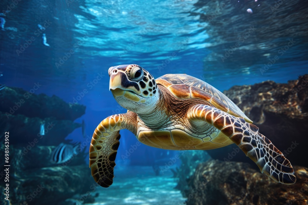 Fototapeta premium Hawaiian Green Sea Turtle Chelonia mydas, Hawksbill Turtle in deep sea, AI Generated