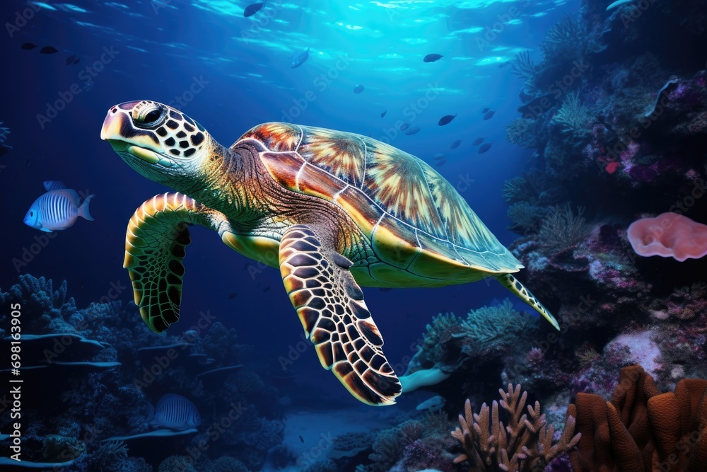 Fototapeta premium Green sea turtle in the coral reef. 3d render illustration, Hawksbill Turtle in deep sea, AI Generated