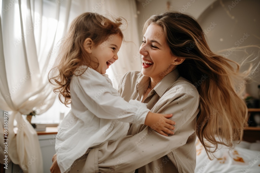 Mother and daughter having fun together in the morning at home. Happy family, hug in home and weekend play time lifestyle for mom parent, AI Generated Mother and daughter having fun together in the morning at home. Happy family, hug in home and weekend play time lifestyle for mom parent, AI Generated