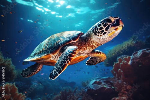 Green sea turtle swimming in the deep blue ocean. Underwater world, Hawksbill Turtle in deep sea, AI Generated © Ifti Digital