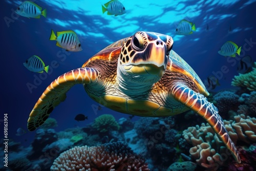 Hawaiian Green Sea Turtle Chelonia mydas in the Red Sea, Hawksbill Turtle in deep sea, AI Generated