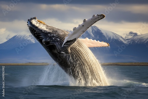 Humpback whale in Patagonia, Argentina, South America, Humpback Whale Megaptera novaeangliae breaching near Husavik City in Iceland, AI Generated photo