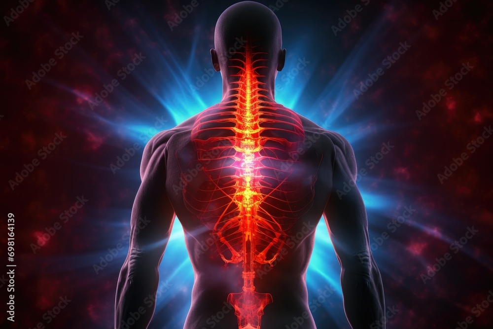 Human body with highlighted spine in x-ray, 3D illustration, Highlighted lower back pain shown with a red holographic spine, AI Generated