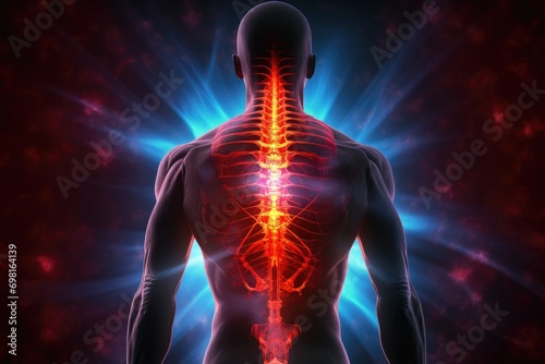 Human body with highlighted spine in x-ray, 3D illustration, Highlighted lower back pain shown with a red holographic spine, AI Generated