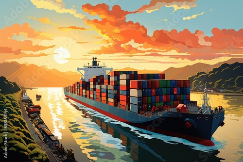 Cargo ship in the sea at sunset, vector illustration EPS10, Illustration of a container ship passing through the Panama Canal, AI Generated © Ifti Digital