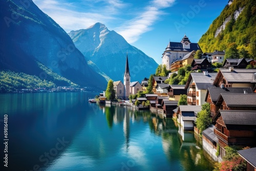 Hallstatt village on the shore of Lake Hallstatter See, Austria, Hallstatt village in Austria, Beautiful village in the mountain valley near the lake, AI Generated photo