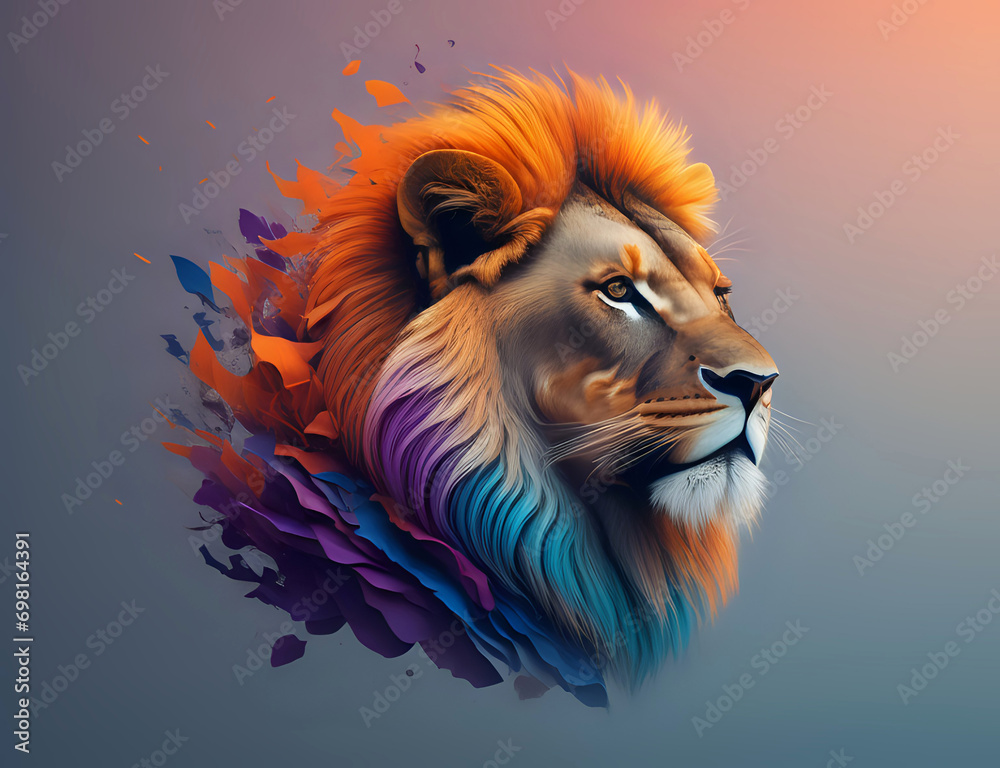 Löwen Kopf mit abstrakter oranger Mähne im Profil