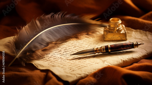 a classic writing scene, rich in historical charm. A large feather quill and an ornate ink bottle are central to the scene. Elegant cursive writing on parchment, though specifics are unclear. photo