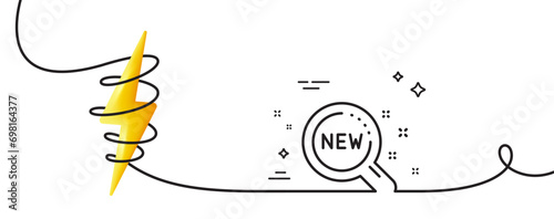 New products line icon. Continuous one line with curl. Search sign. Magnifier glass symbol. New products single outline ribbon. Loop curve with energy. Vector