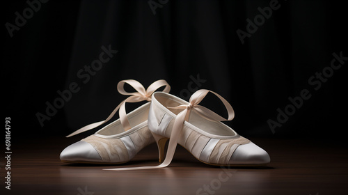 white ballet shoes with ribbons, set against a dark background on a wooden surface. Ballet shoes is white, with elegant ribbons tied in bows. Dark wooden surface and black curtain backdrop. 