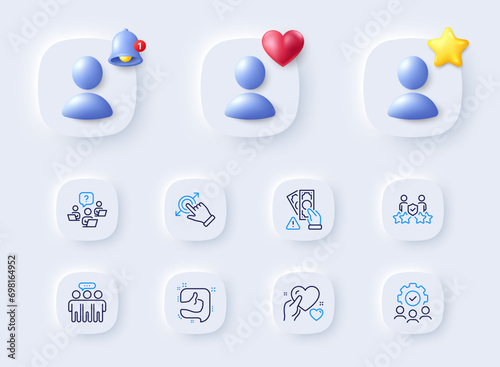 Teamwork question, Employees group and Hold heart line icons. Placeholder with 3d bell, star, heart. Pack of Like, Touchscreen gesture, Teamwork icon. Security agency, Bribe pictogram. Vector