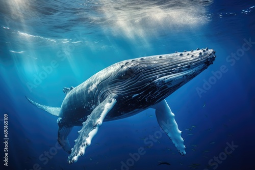Humpback whale in deep blue ocean. Underwater scene  Humpback whale gracefully swimming in the deep blue ocean  captured through underwater photography  AI Generated