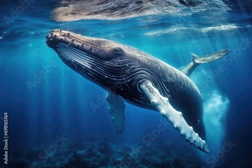 Humpback whale in the deep blue ocean. Underwater photography, Humpback whale gracefully swimming in the deep blue ocean, captured through underwater photography, AI Generated