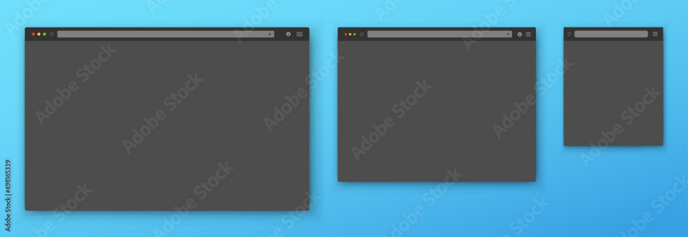 Browser windows. A set of realistic empty gray browser windows of different shapes with a toolbar, a search bar and a shadow on a blue background. Vector EPS 10.