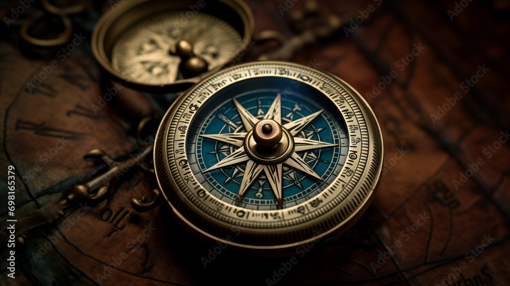 a  compass with a blue face and golden markings on an old map, accompanied by a smaller brass compass. The dramatic lighting and detailed designs give the scene an adventurous feel.