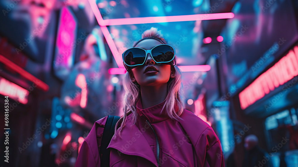 Futuristic Fashionista: Neon Cyberpunk Woman in VR Style, Generative AI