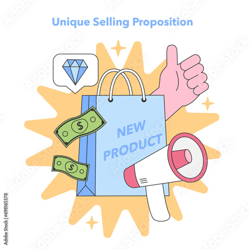 Product Appeal. Illustration of value communication through thumbs-up, money symbols, and megaphone. Highlights product's unique qualities. Flat vector illustration.