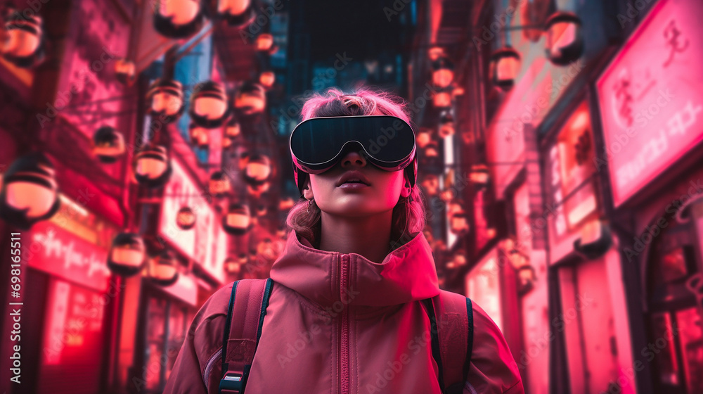 Neon City Siren: Cyberpunk Woman Immersed in VR Adventure, Generative AI
