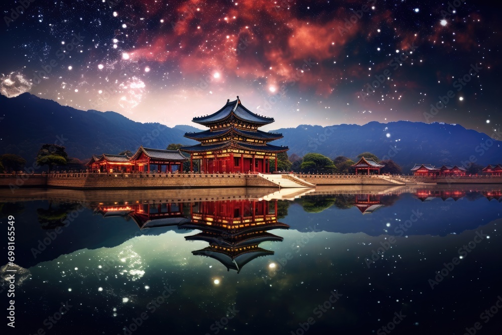 Obraz premium Night view of Gyeongbokgung Palace, South Korea, Gyeongbokgung palace and Milky Way in Seoul, South Korea, AI Generated
