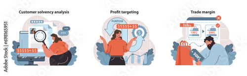 Retail Profit Plan set. Evaluating customer solvency, setting profit goals, and calculating trade margins. Insightful financial assessments for informed business strategies. Flat vector illustration.